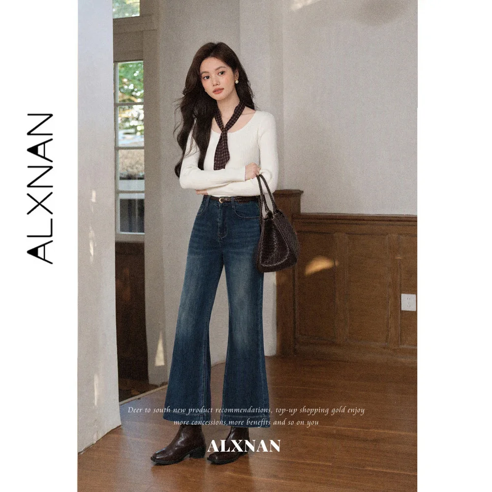 ALXNAN Blue Jeans Women 2026 Fall High Waist Flared Pocket Design Elegant Jeans Slim-fit Drape Female Denim Pants Ladies L67803