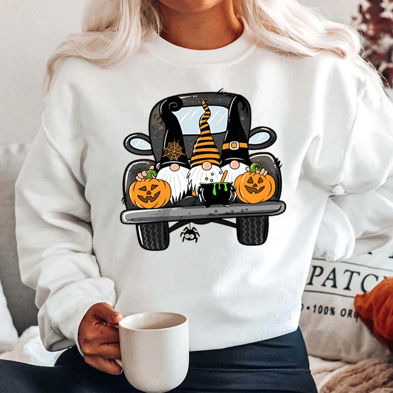 

Halloween Gnomes Truck Print Round Neck Pullovers Fashion Women Hoodless Sweatshirt Ladies Casual Pure Color Plus Size Pullovers