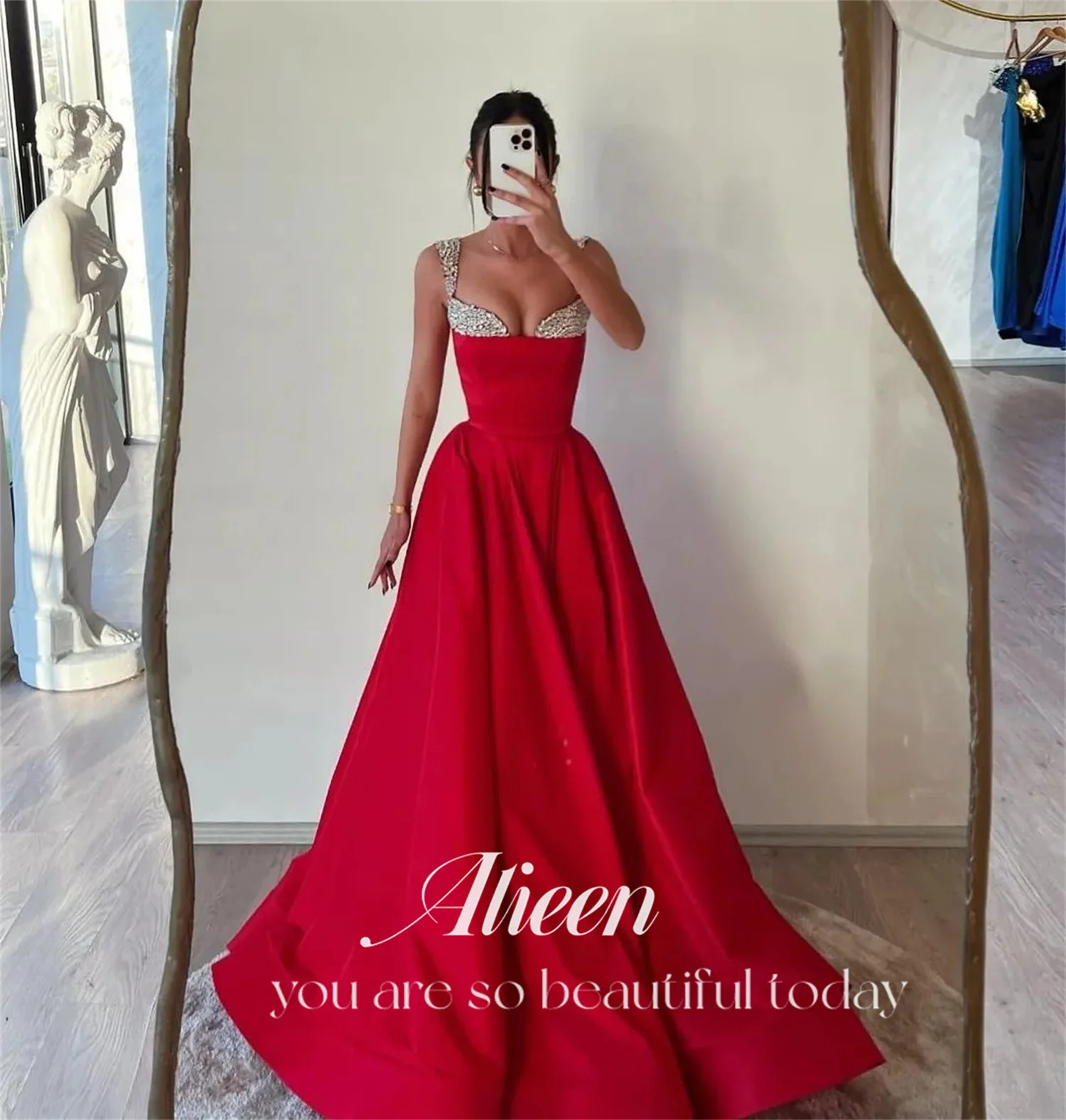 Red Satin A-line Diamond Jewelry Wedding Party Dress Dresses Gala Evening Elegant Woman Prom Graduation Women Luxury customized