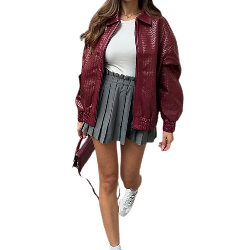 LGRQ-Veste en cuir PU pour femme, manteau à fermeture éclair, vin rouge, marée supérieure, vêtements de printemps, nouvelle mode, 2025, WQ10bloody 3L