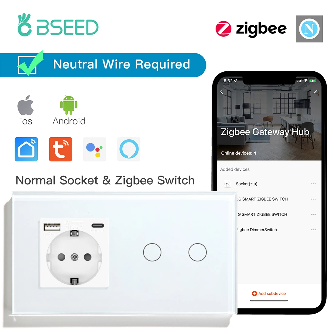 BSEED Zigbee 1/2/3Gang Touch Smart Switches Tuya Smart Life App Control Plus Typ-c USB Steckdosen EU Standard Glas Panel 7