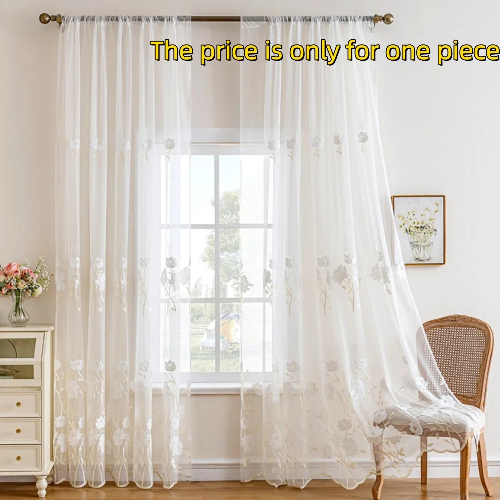 1PC Elegant French Style Floral Sheer Curtain Panel, Semi-Transparent Ring Top Fabric, Ideal for Bedroom, Living Room, Dining Ro