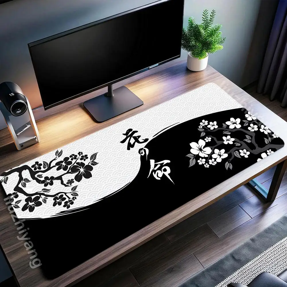 

Black White Sakura Mouse Pad Large Computer Office Game Table Mat XXL Rubber Non-slip Stitched Edge Keyboard Mats Long Desk Pads
