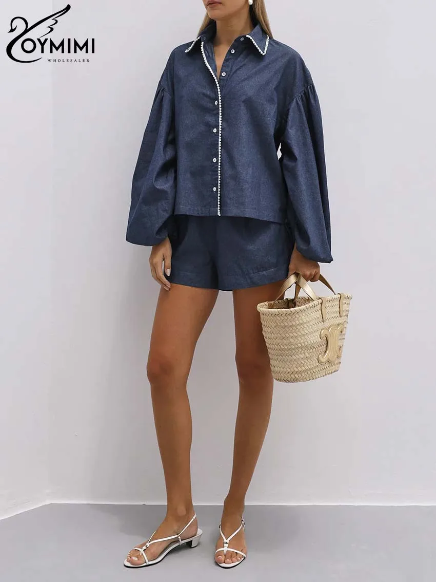 Oymimi Fashion Blue Denim 2 Piece Sets Women Outfit Casual Lace Long Sleeve Button Shirts And High Waisted Pockets Shorts Sets