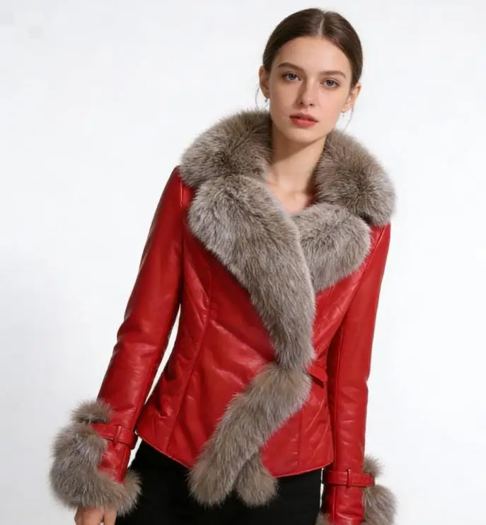 

Imitation Fox Fur Collar Fur Short Leather Jacket Pu Splicing Autumn and Winter Slim Fit and Slim Fit Outerwear for Women