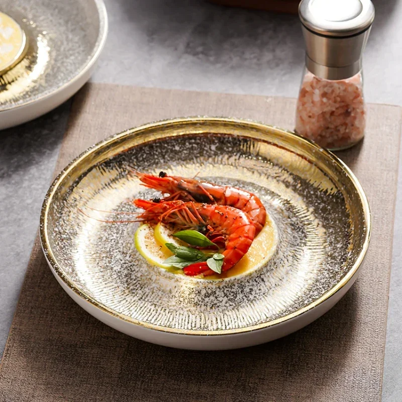 Simple Style Golden Matte Western Food Plate Hotel Restaurant Steak Cooking Plate Stone Pattern Square Round Ceramic Plate