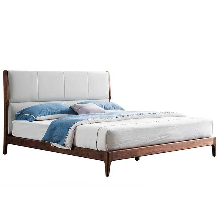 

Black walnut double bed, modern minimalist solid wood bed, Nordic bedroom