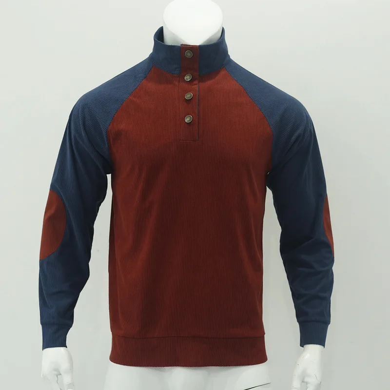 Men's Pullover Sweatshirt Outdoor Casual Buttoned Stand Collar Long Sleeve Top Colorblocked Corduroy Autumn Winter Men Clothing