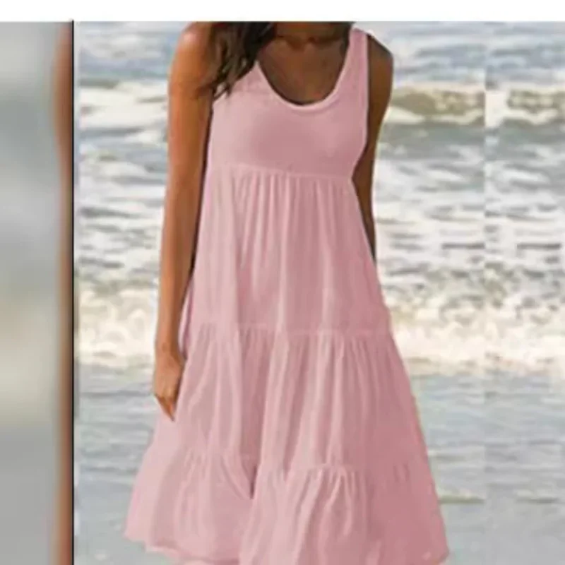 Vestido casual de mujer bohemio sin mangas con escote redondo y volantes, color liso, estilo playero, holgado y suelto, talla plus para mujer 3029 3