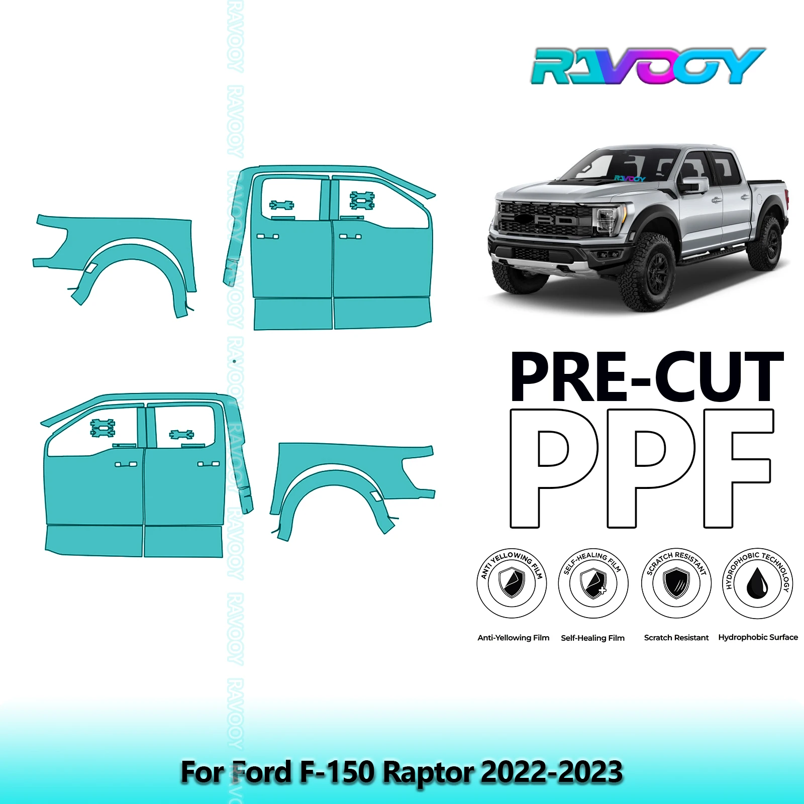 

For Ford F-150 Raptor 2022-2023 8.5mil Clear Matte Pre-Cut PPF Door & A/B Pillar Kit TPU Paint Protection Film Set