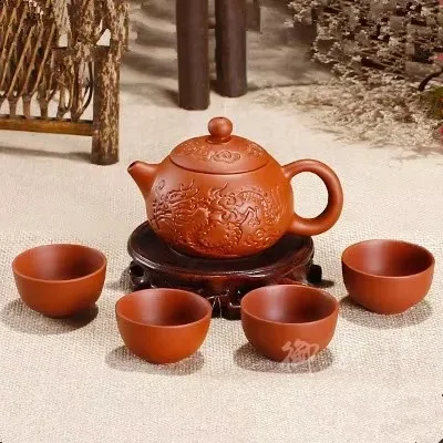 Yixing Purple Clay Tea Set Include 1 Pot 4 Cups, Xishi Pot Tea Ceremony,zisha Ceramic Pottery Teacup,china Kung Fu Tea Set - view 3