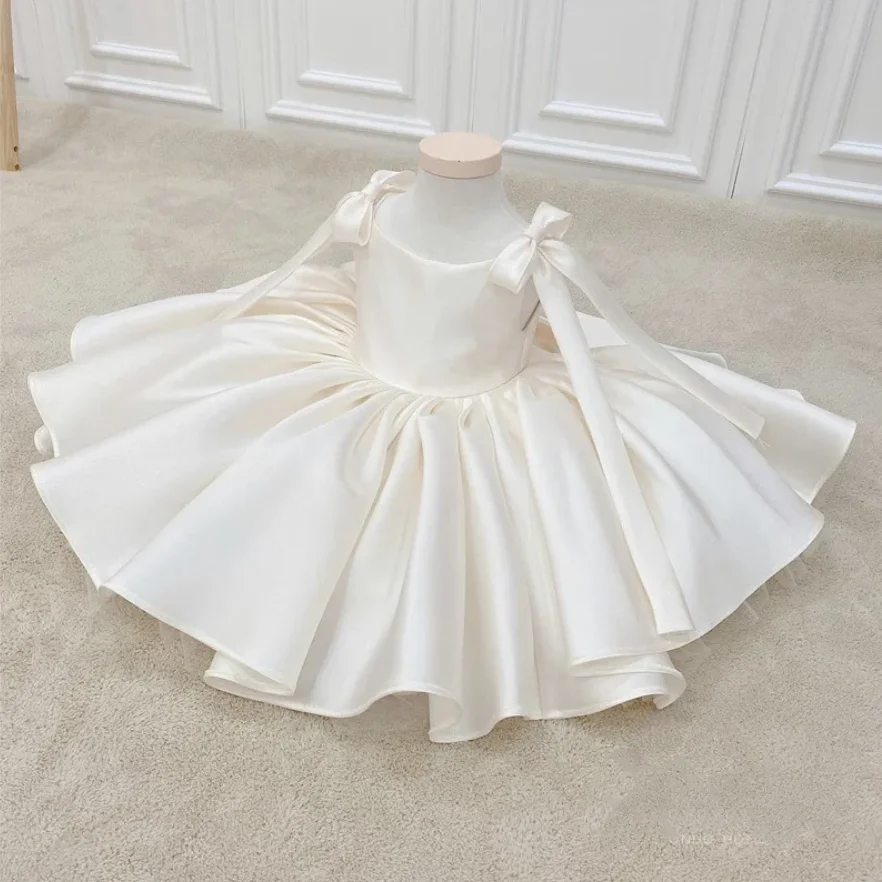 

Baby Girl Dress Kids Birthday Baptism Dresses Satin White Ball Gowns Girls Boutique Party Wear Elegant Frocks