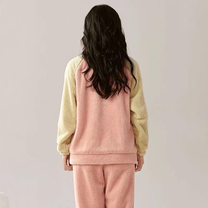 Frauen Korallen samt Pyjama Winter thermisch verdickte Fleece Flanell Homewear Anzug weibliche Stehkragen lässige Nachtwäsche-Sets