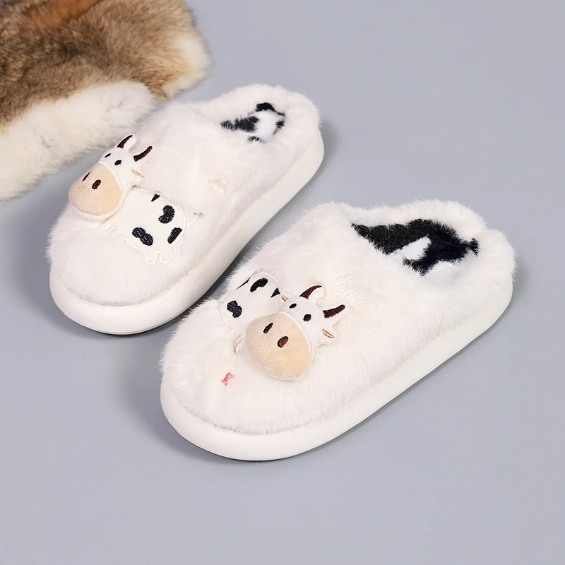 3D-Kuh-Plüsch-Hausschuhe für Damen, warme, flauschige Mules für den Winter, Mädchen-Freizeit-Hausschuhe, flauschige Fell-Slides, Unisex, weiche Plateausohle – Detail 21
