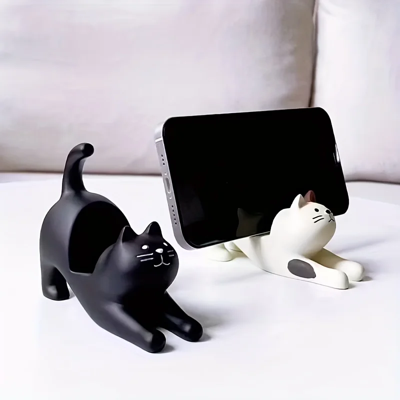 

Stretching Cat Figurine, Calico Cat Phone Stand, Desktop Decoration, Creative and Practical for Lazy Binge-Watching