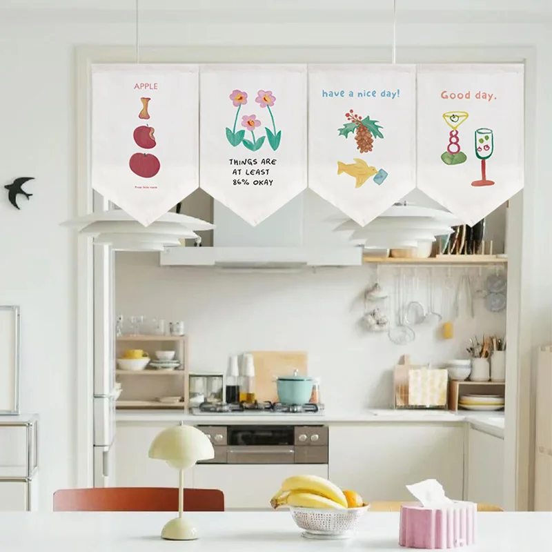 VIKAMA Apple Cup Pattern Triangle Curtain Hand Drawn Fruit Text Pennant Flag, Door Window Hanging Flag for Kitchen Home Decor