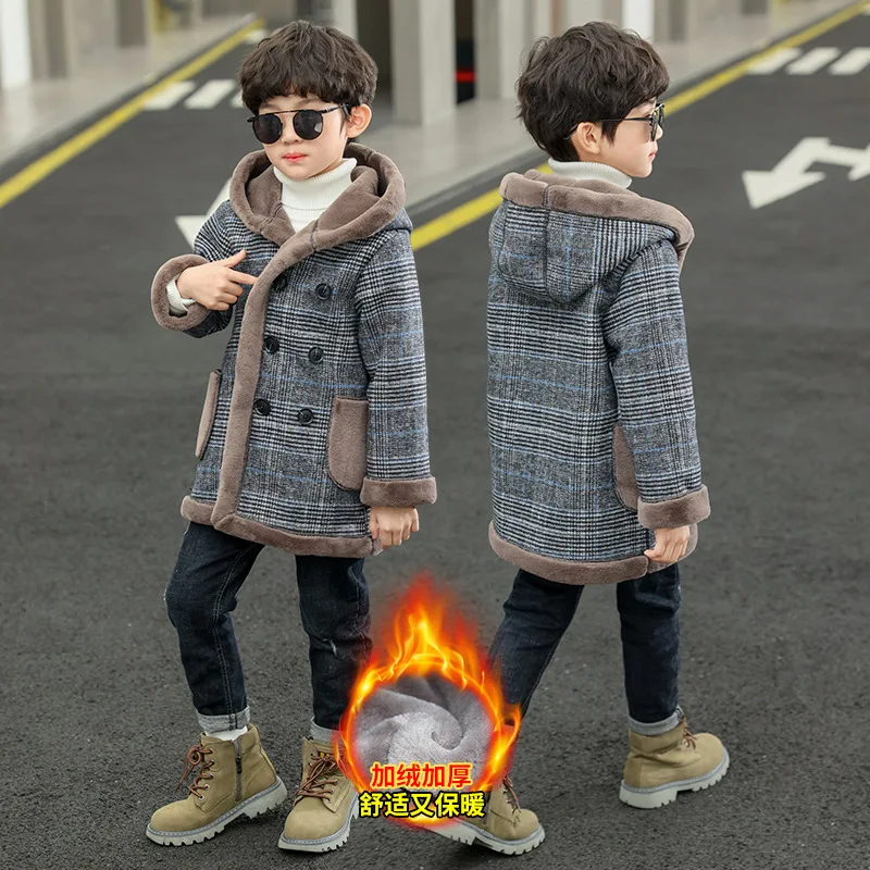 Boys Woolen Coats Jackets Plus Thicken 2024 Lattice Warm Velvet Winter Autumn Cotton High Quality Children's Clothing