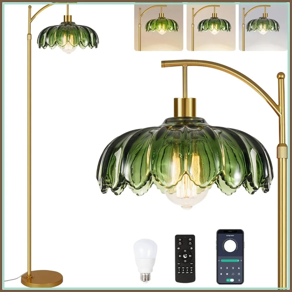 Gold Floor Lamp with Remote, Dimmable Arc Glass Standing Lamp for Living Room Bedroom Office