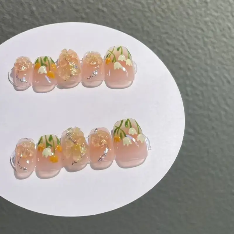 

10pcs Cat's Eye Handmade Fake Nails With Pearl Long Almond Full Cover Nail Tip Tulip Flower Cute Wearable Press On False Nails