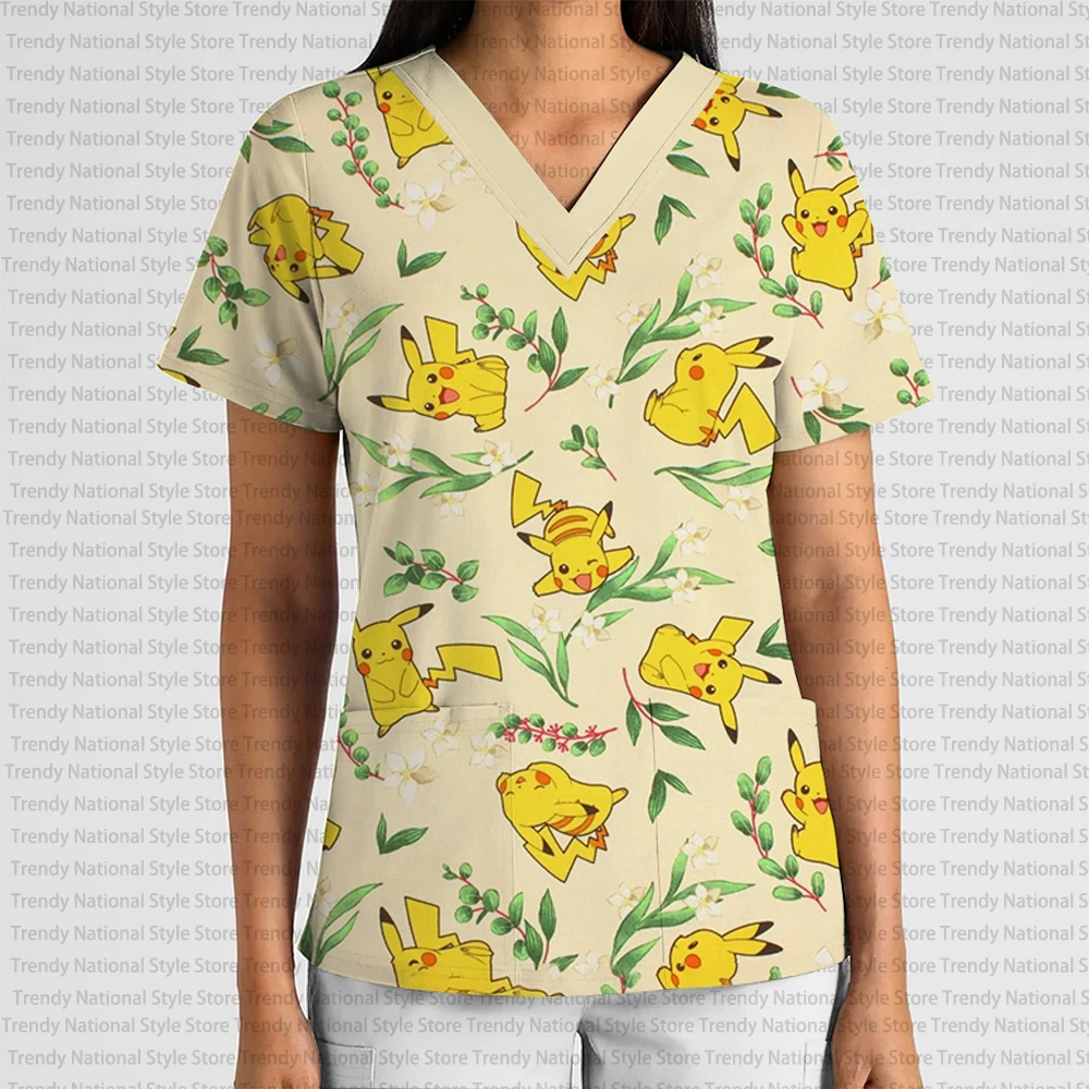 Summer Pokémon Print Pet Shop Clothing Fashionable Commuter Surgical Gown Top Women's Medical Surgical Gown V-neck T-shirt