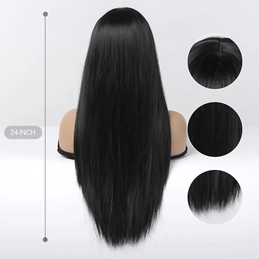 Long thread smooth synthetic wig with bangs women\'s black hair natural and comfortable role-playing party Lolita