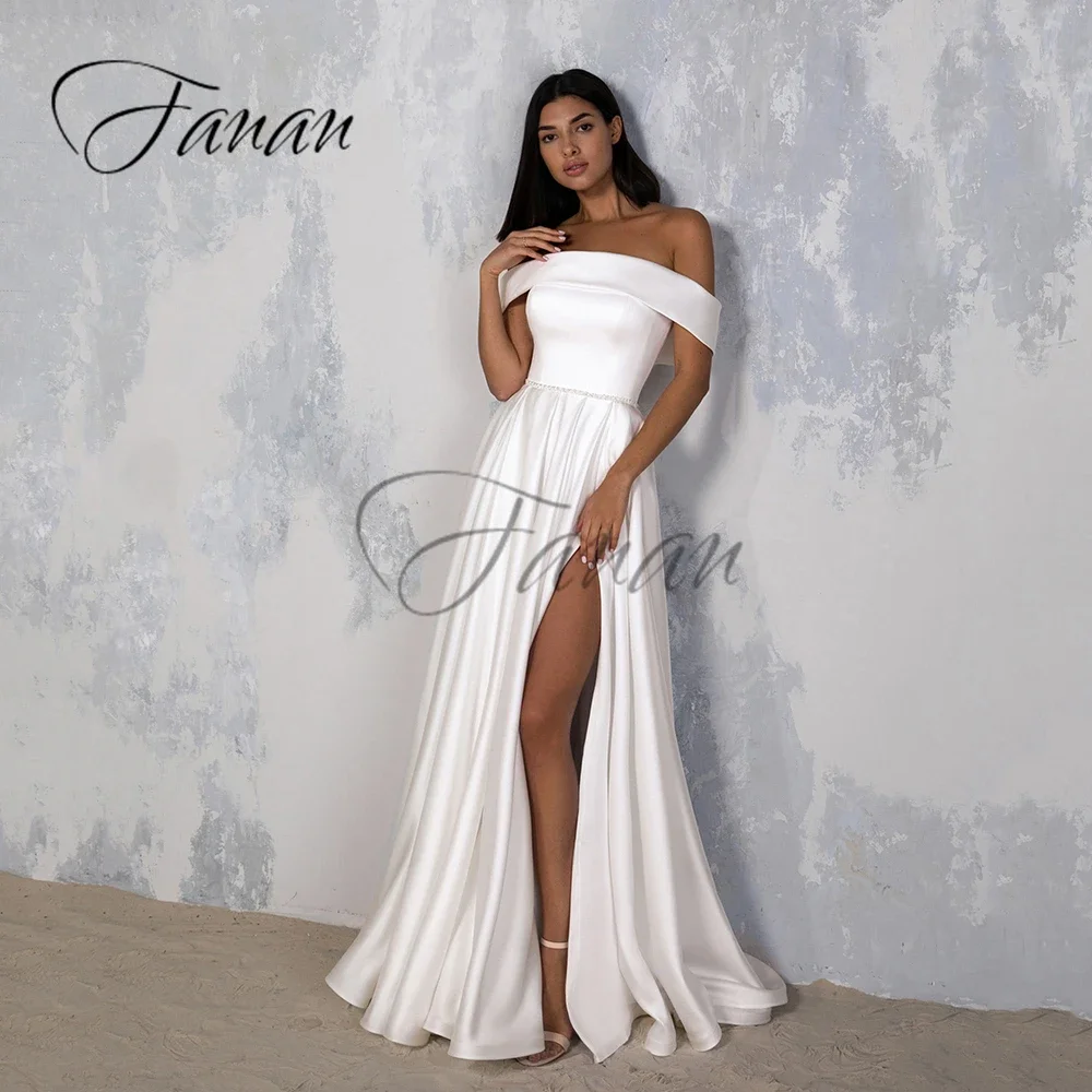 

Customized Boat Neck Off The Shoulder A-Line Weddng Dresses Front High Split Backless Satin Simple Bridal Gown vestidos de novia