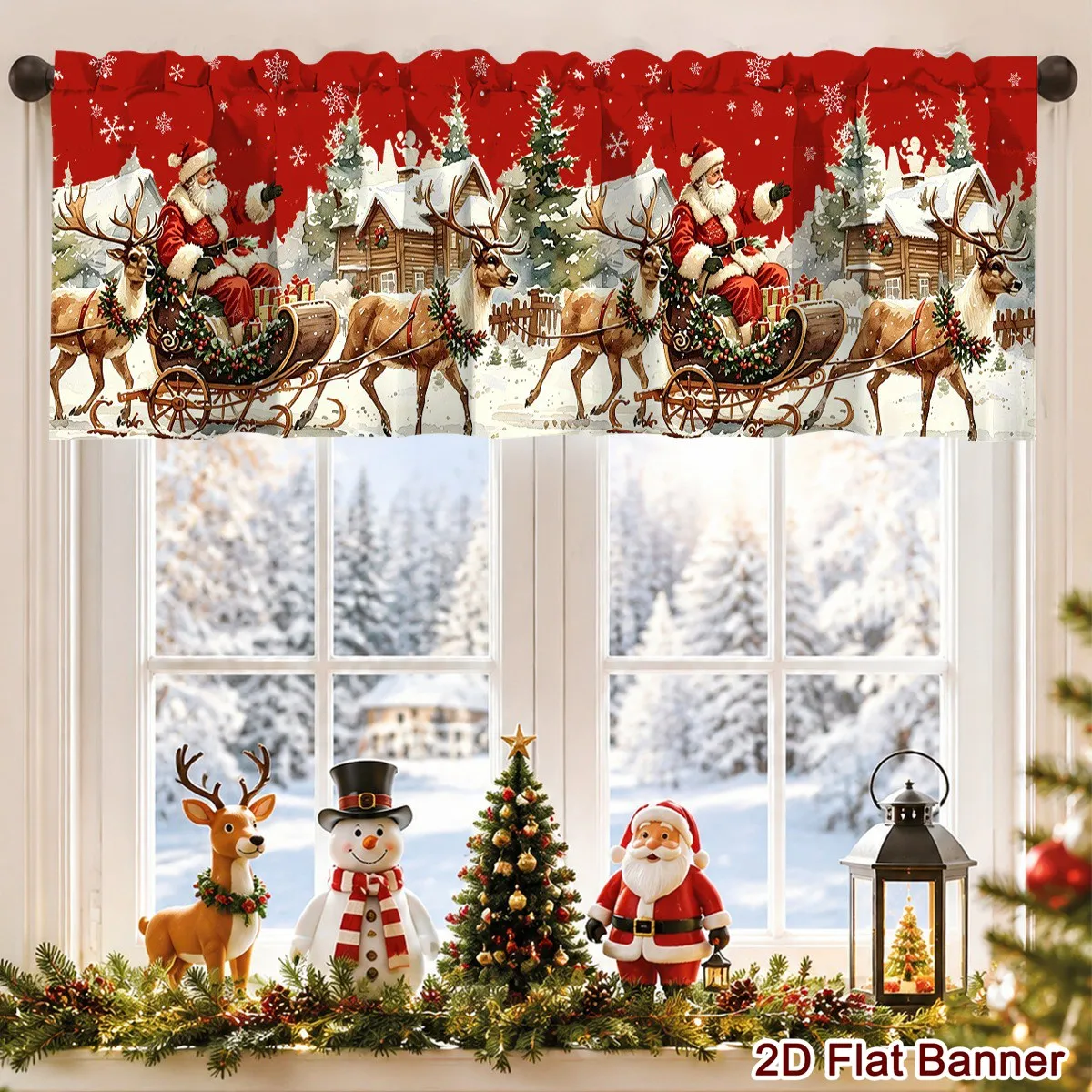 Weihnachtliche Vorhangbordüre 45*140cm mit Weihnachtsmann-Schlitten-Design aus Polyester, Kurze Vorhänge im Landhausstil für Winterferien, Heim- und Partydekoration