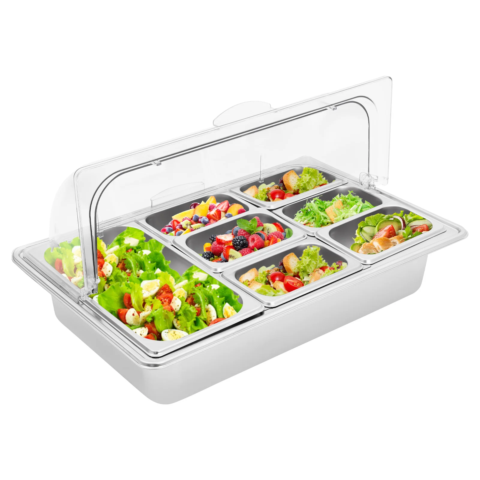 7 مقلاة من الفولاذ المقاوم للصدأ لخدمة الطعام، حاوية عرض كونترتوب، صينية بوفيه مع غطاء علوي شفاف لمطعم المطبخ #5