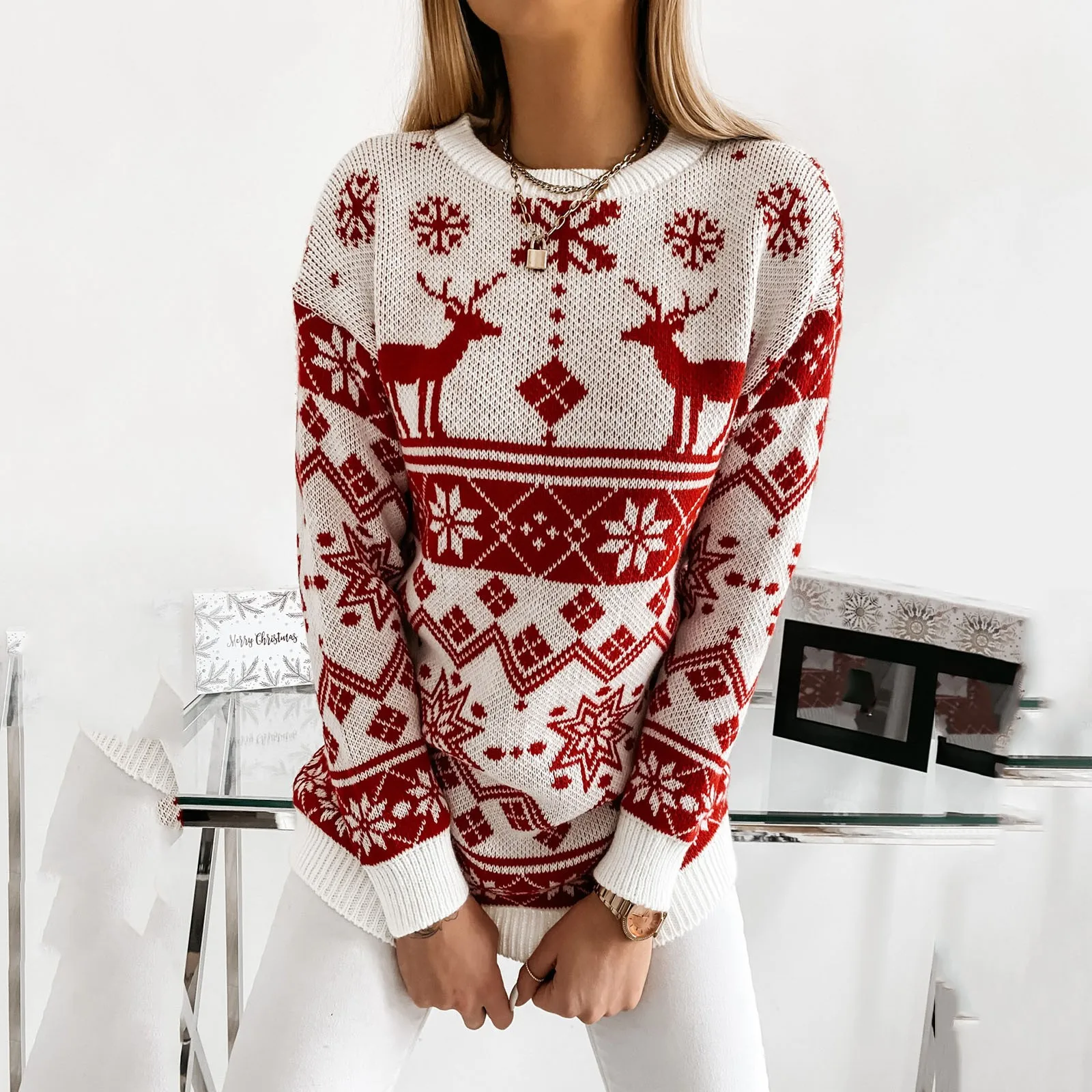 Family Christmas Sweater Winter Snowflake Print Warm Long Sleeve Round Neck Pullovers Knitted Tops Parent Child Outfit Tops