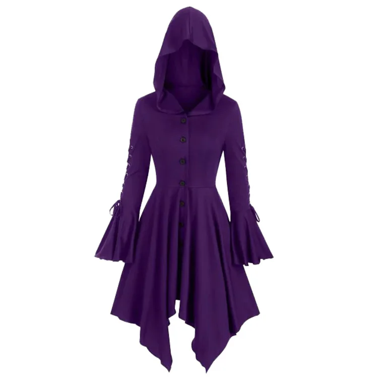 Women's Trench Coat Vintage Long Hooded Capes Long Sleeve Irregular Hem Halloween Cosplay Punk Costume Female Gothic Clothing