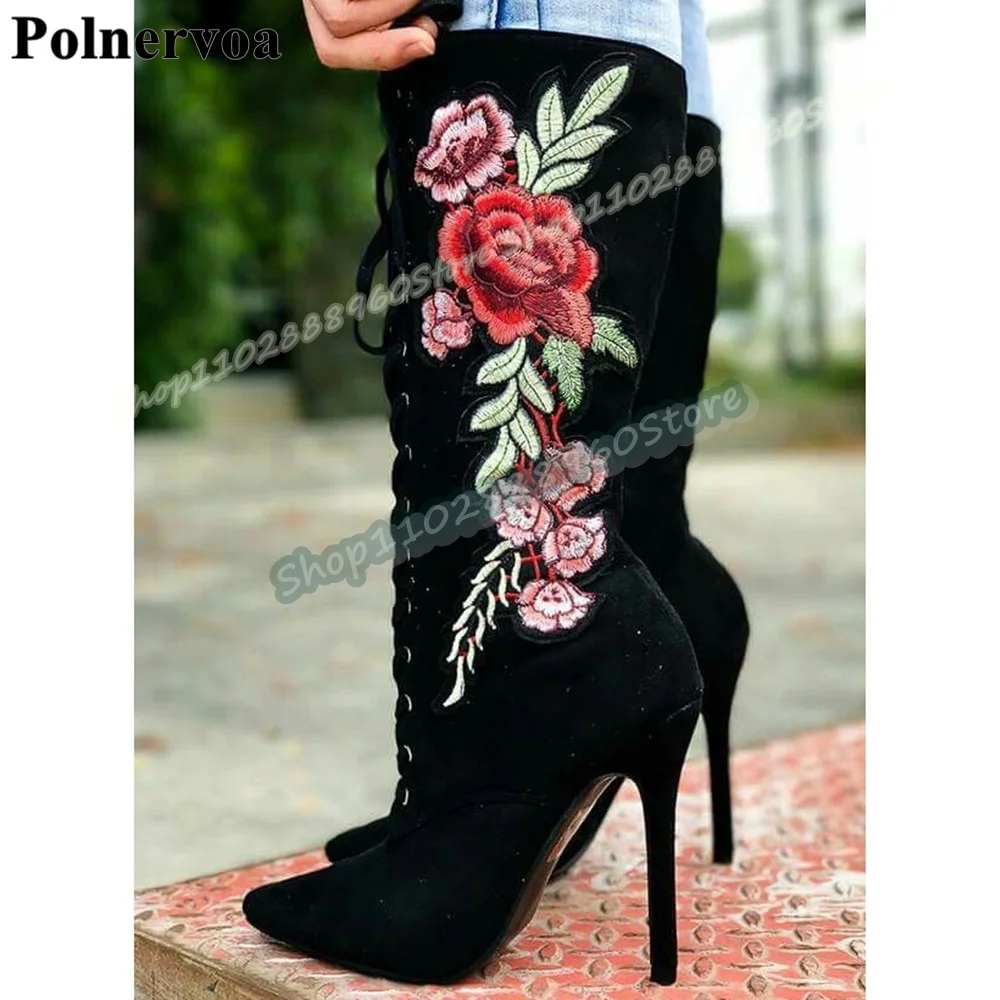 

Mixed Mid Calf Flock Flower Embroidery Boots Stilettos High Heel Shoes For Women Cross Tied Pointed Toe Fashionable Women Boots