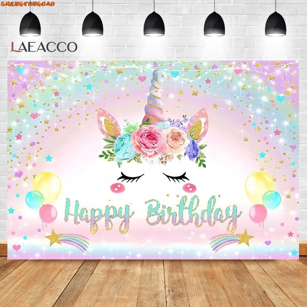 Unicorn Rainbow Happy Birthday Party Backdrop Flower Gold Glitter Unicorn Baby Shower Girl First Birthday Photography Background