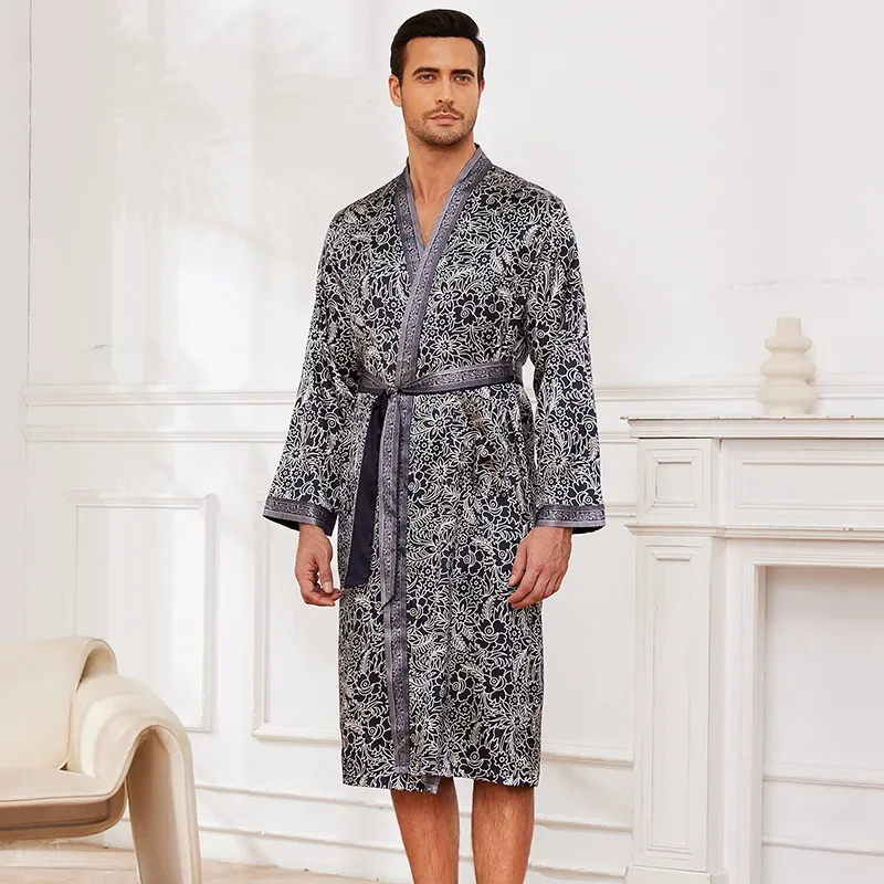 

Print Robe Men Stain Sleepwear Loose Peignoire De Douche Homme Men's Bathrobe Satin Sleepwear Loungewear Kimono with Belt