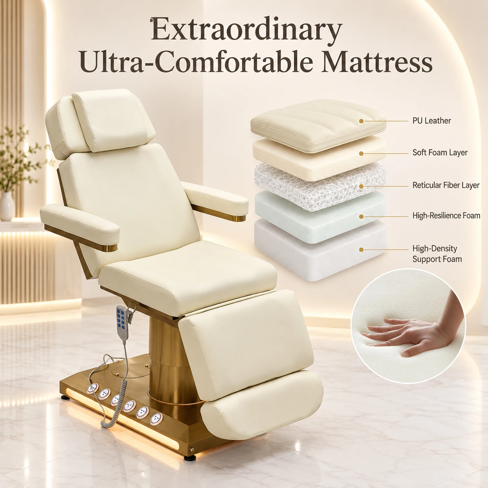 Electric Facial Bed with Removable Armrests Massage Table, Thick PU Cushion Adjustable Beauty Chair for Lash Studio Spa