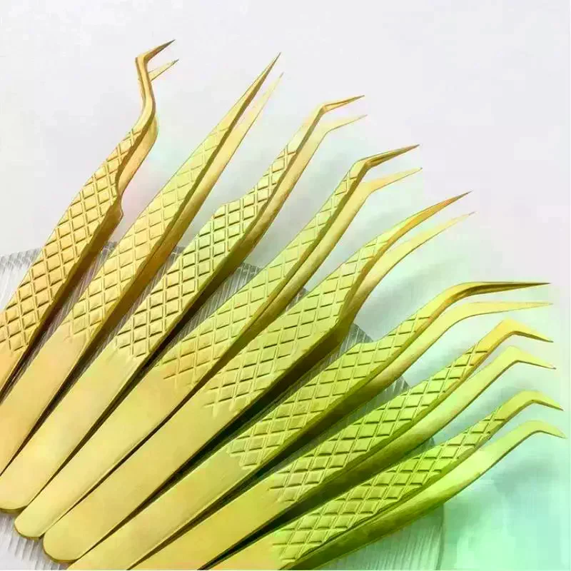 1Pcs Fiber Tip Gold Stainless Steel Lash Pickup Tool Eyelash Extension Tweezers For Volume Fans Classic Lash Isolation