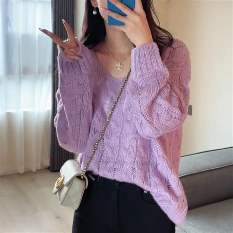 Autumn Winter Women Trendy Casual Streetwear Hollow Chic Knitted Sweater Y2K Female Solid V Neck Long Sleeve Loose Pullover Tops