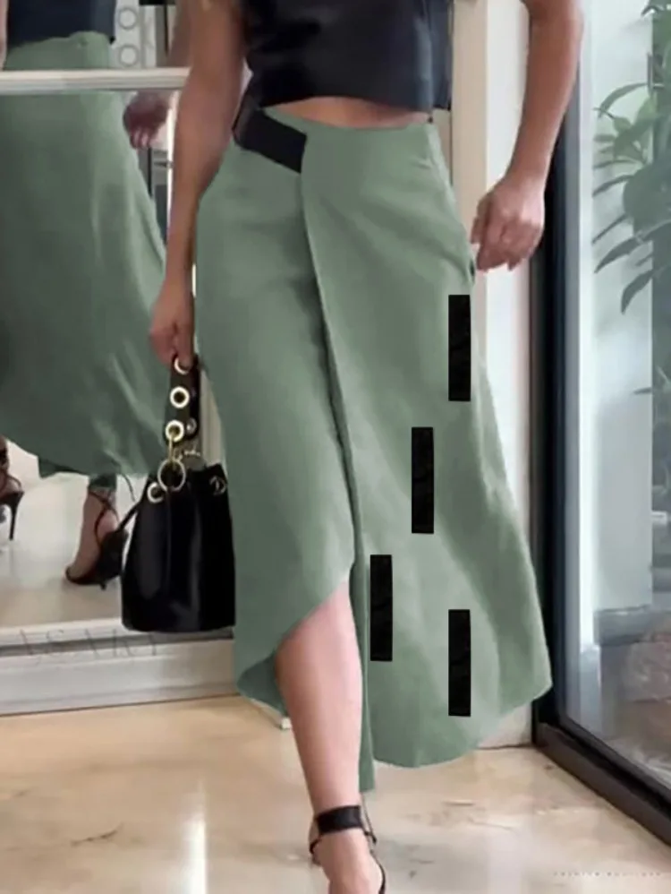 Lemongor Women A-Line Skirts 2025 New Autumn Fashion Asymmetrical Patchwork Split-Joint Pockets Casual Elastic High Waist Skirt