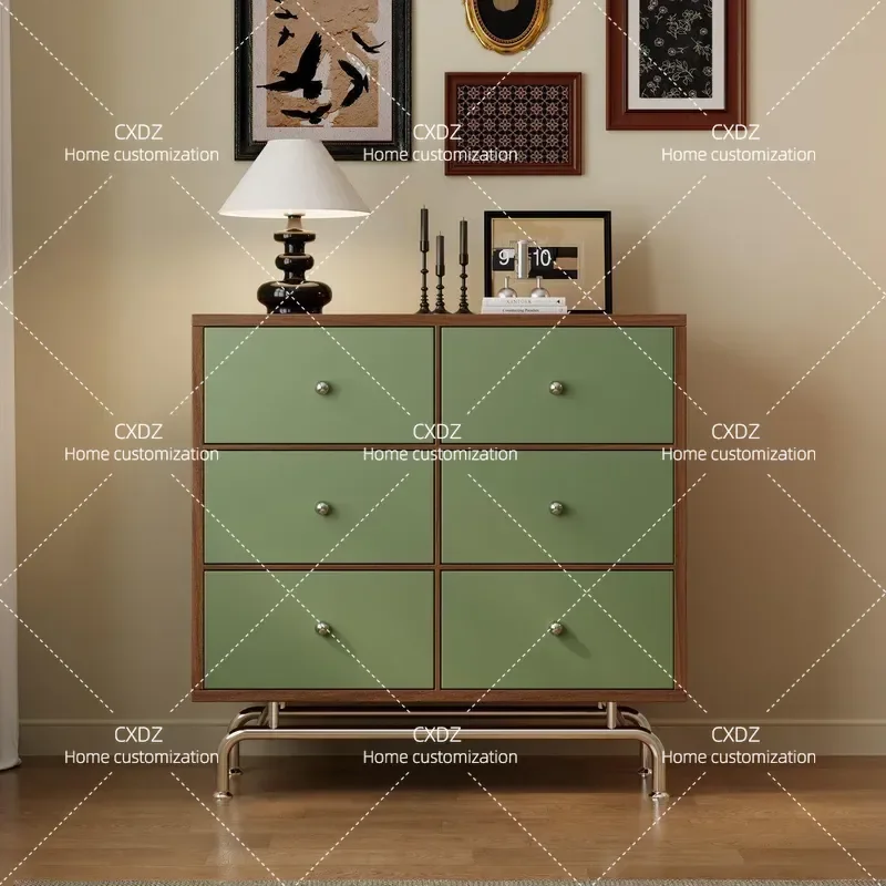 Retro Green Solid Wood Chest of Drawers Simple Floor Standing Locker Bedroom Bedside Cabinet Wall Integrated Storage Unit