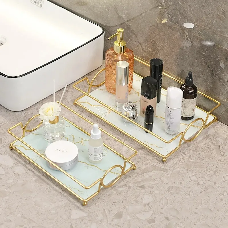 Bandeja de baño Rectangular chapada en oro de lujo, estante de almacenamiento de cosméticos, decoración para sala de estar, escritorio, almacenamiento de alimentos, bandeja para servir