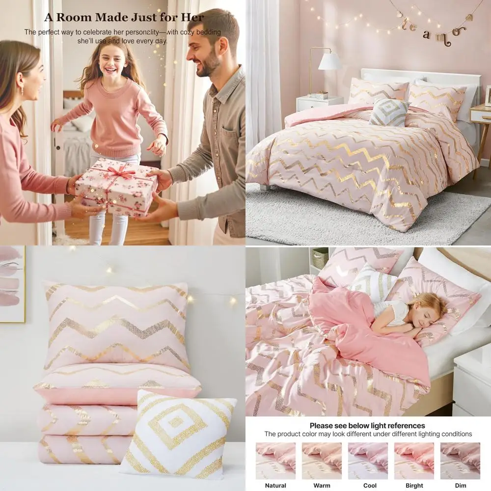 

Pink & Gold Teen Girls Comforter Set, Full & Queen Size, 4-Piece, All-Season Warmth for Kids Bedrooms