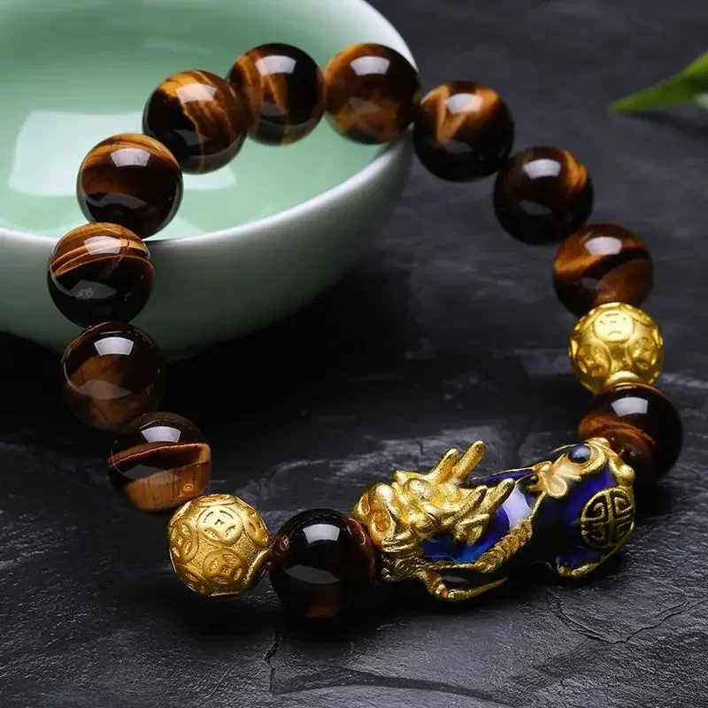 Original Real Stone Beads Change Color Pixiu Feng Shui Tiger Eye Obsidian Bracelet Health Wealth Charm Wrist Bangle Men Women