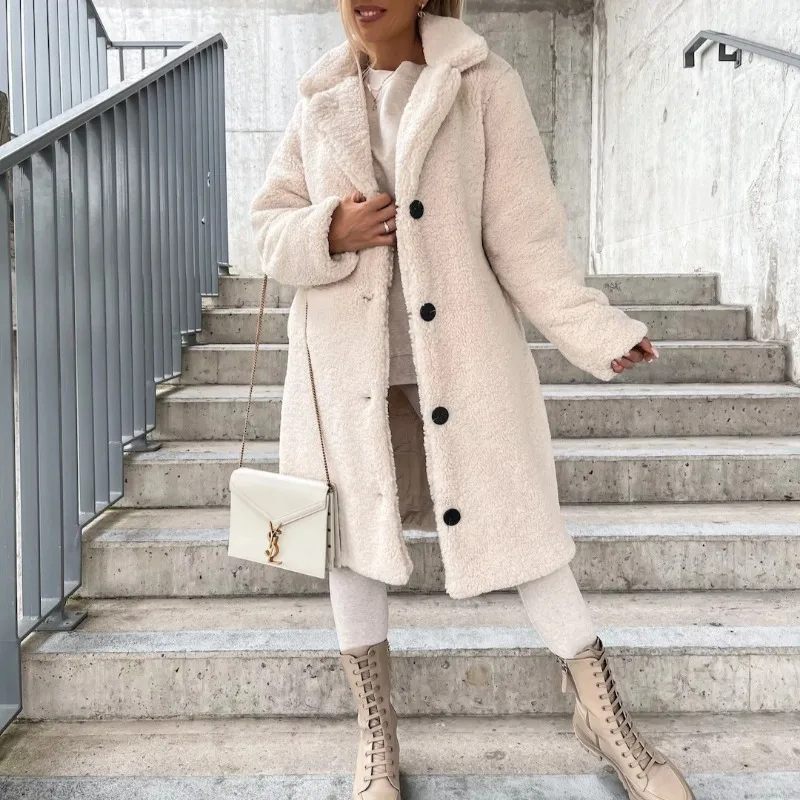 2024 Autumn and Winter New Solid Color Commute Casual Style Long Sleeves Lapel Women's Plush Tops Long Coat Winter Coat