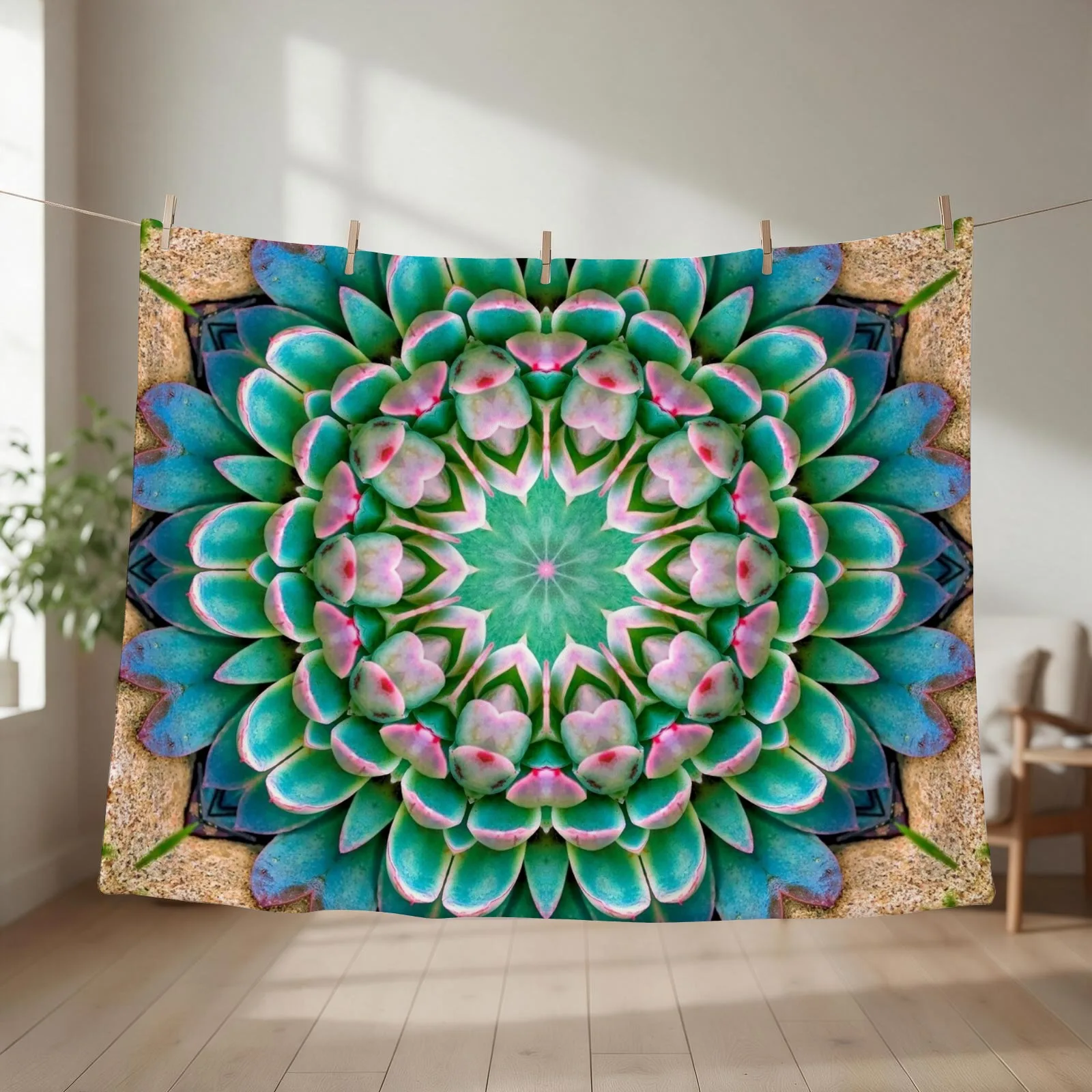 New Succulent Mandala in Fuscia and Green Throw Blanket Flannel Fabric Extra Large Throw Shaggy Hairys Blankets