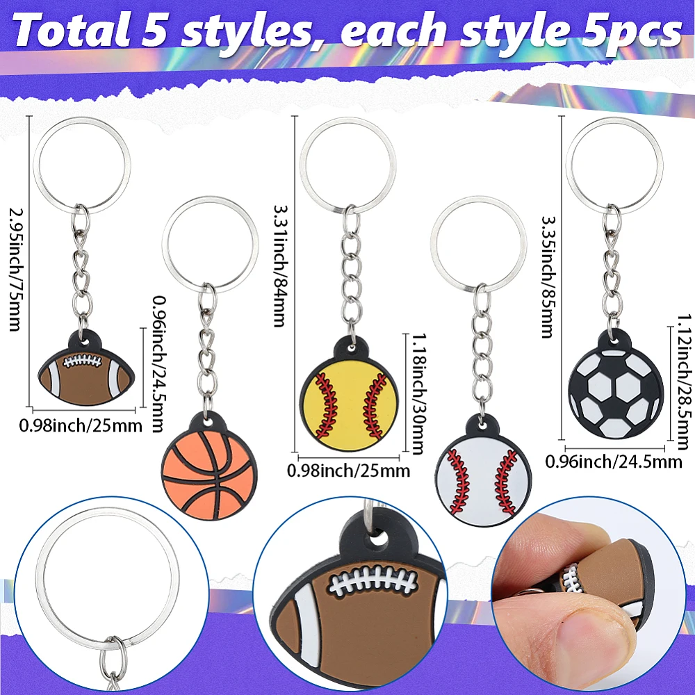 1 Box 25Pcs 5 Styles Sports Key Chains Sport Theme Keychains Bulk Colorful Flat Round Soccer Baseball Basketball Alloy Key Ring