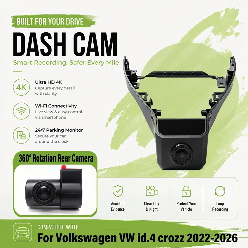 For Volkswagen VW id.4 crozz 2022-2026 Front and Rear Dash Cam for Car Camera Recorder Dashcam WIFI Car Dvr Recording Devices