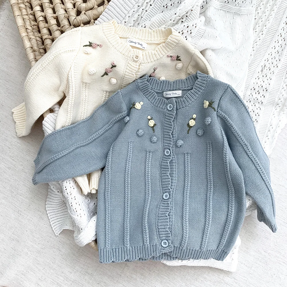 Children Clothing Kids Sweater Autumn Winter 2023 Baby Girls Flower Embroidered Cardigan Casual Simple Sweet Comfortable Top