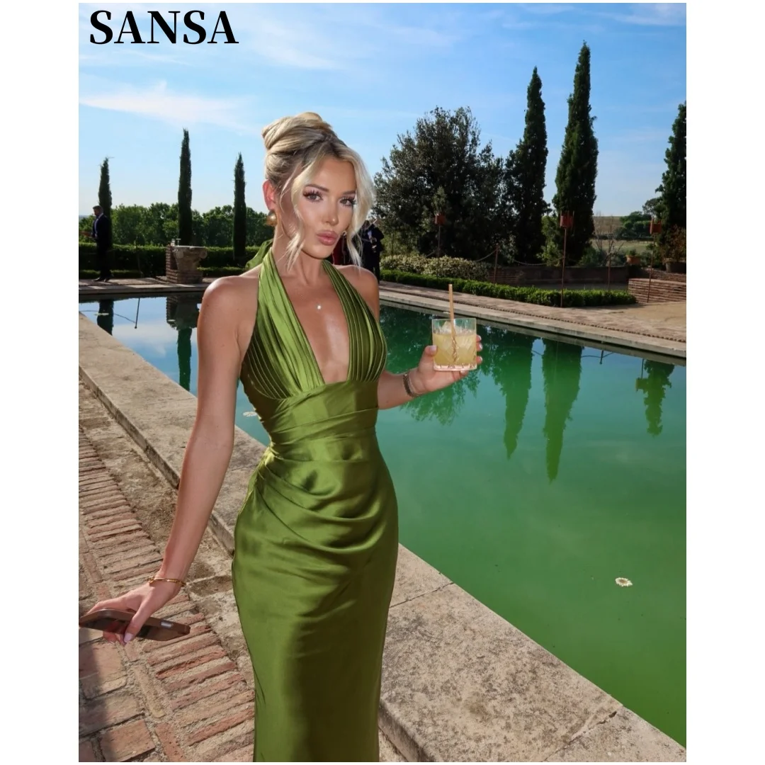 

Sansa Customized Moss Green Halter Neck Plunge V Satin Long Dress Front Ruched Fitted Mermaid Skirt Wedding Guest Party Gown