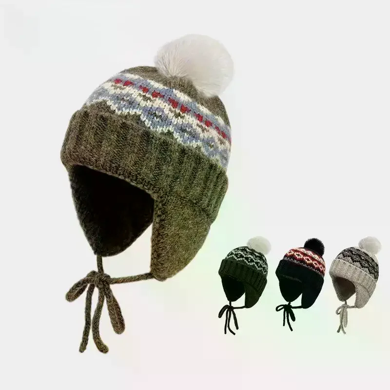 Fair Island Style Retro Jacquard Knitted Beanies Cap For Women Autumn Winter Warm Versatile Cute Pom-pom Ear Protection Hat