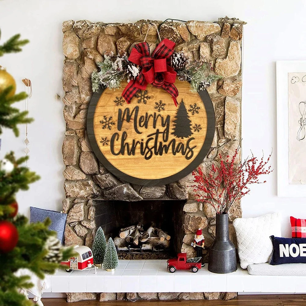 Christmas Decoration Plaque for Home Decor Merry Christmas Signs Wooden Decorative Wreath Front Door Wall Hanging Ornament 30cm