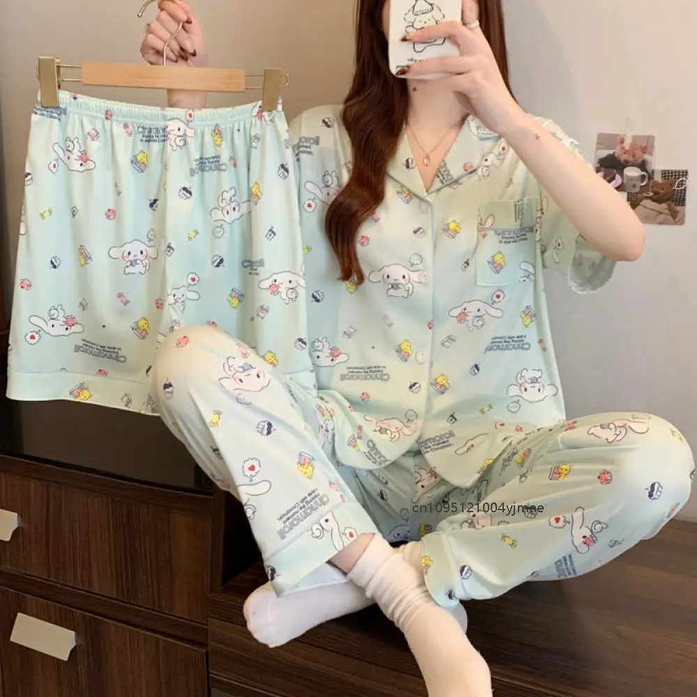 

Kawaii Cinnamoroll Pajamas Women's Summer Anime Cute Casual Home Short-Sleeved Trousers 3-Piece Setloungewear Student Pajamas